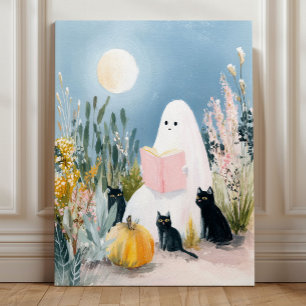 Whimsical Halloween Book Lover Ghost Black Cats Acrylic Photo Tile