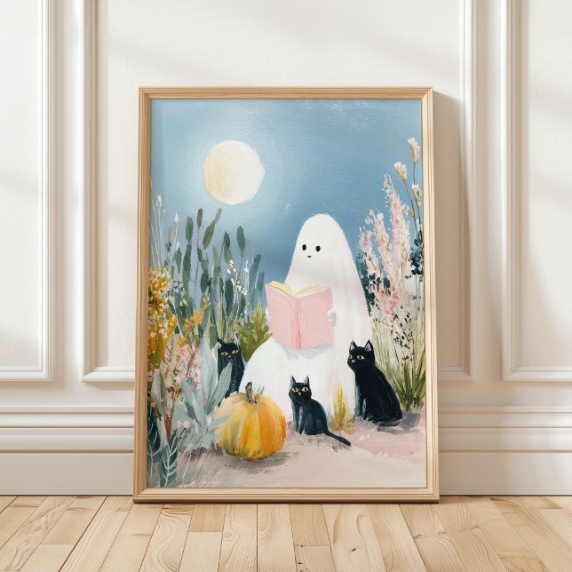 Whimsical Halloween Book Lover Ghost Black Cats Poster (Creator Uploaded)
