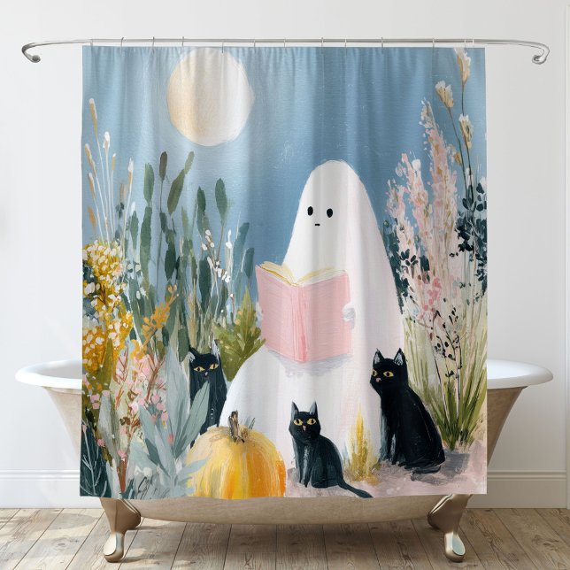 Whimsical Halloween Book Lover Ghost Black Cats Shower Curtain (Creator Uploaded)