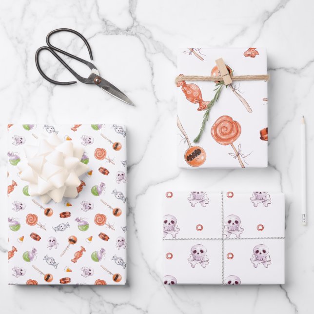 Whimsical Halloween Candy and Skulls Pattern Wrapping Paper Sheets (Front)