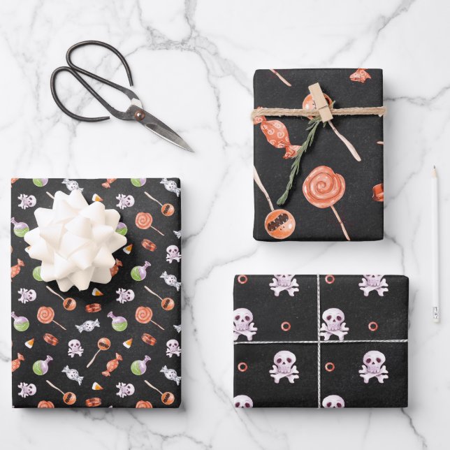 Whimsical Halloween Candy and Skulls Wrapping Paper Sheets (Front)