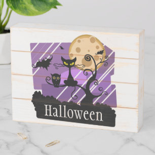 Whimsical Halloween Cats, Bats and Owls Wooden Box Sign