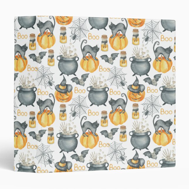 Whimsical Halloween Cauldron and Cats Pattern 3 Ring Binder (Front/Spine)