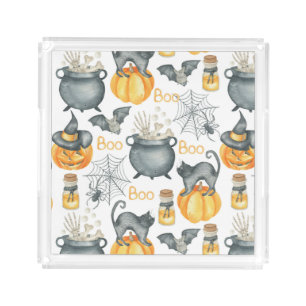 Whimsical Halloween Cauldron and Cats Pattern Acrylic Tray