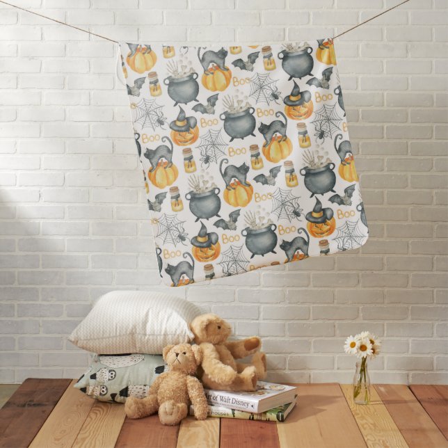 Whimsical Halloween Cauldron and Cats Pattern Baby Blanket (In Situ)