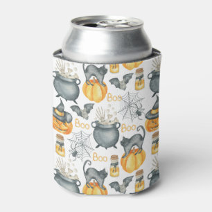 Whimsical Halloween Cauldron and Cats Pattern Can Cooler