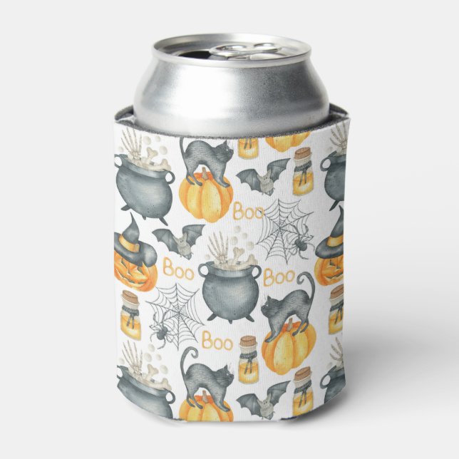 Whimsical Halloween Cauldron and Cats Pattern Can Cooler (Can Front)