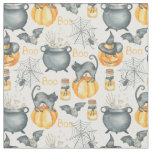 Whimsical Halloween Cauldron and Cats Pattern Fabric