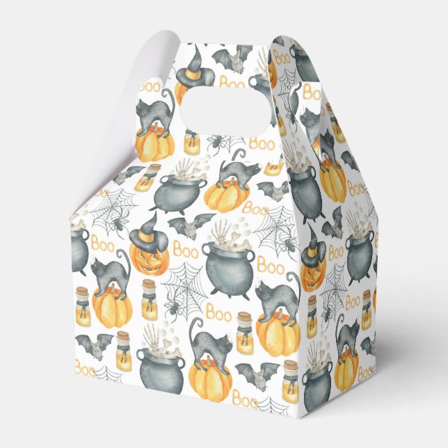 Whimsical Halloween Cauldron and Cats Pattern Favor Boxes (Front Side)