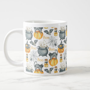 Whimsical Halloween Cauldron and Cats Pattern Giant Coffee Mug