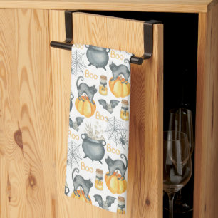 Whimsical Halloween Cauldron and Cats Pattern Kitchen Towel