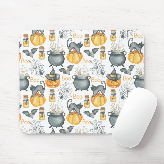Whimsical Halloween Cauldron and Cats Pattern Mouse Pad (With Mouse)