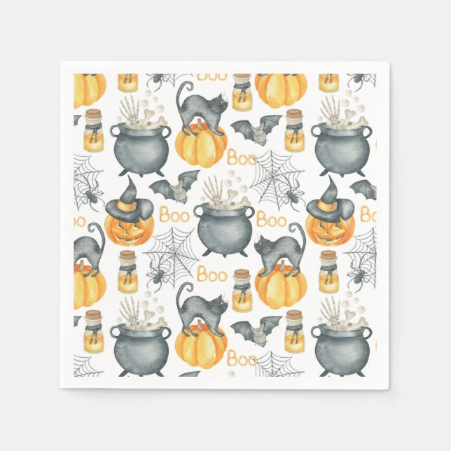 Whimsical Halloween Cauldron and Cats Pattern Napkins (Front)
