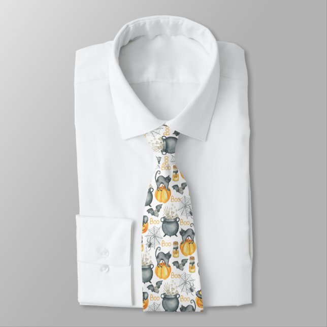 Whimsical Halloween Cauldron and Cats Pattern Neck Tie (Tied)