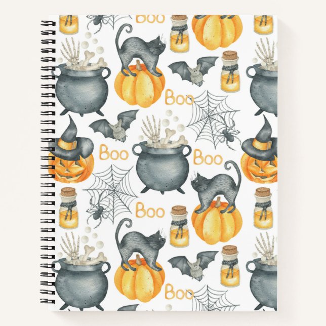 Whimsical Halloween Cauldron and Cats Pattern Notebook (Front)
