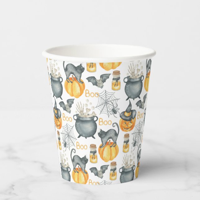Whimsical Halloween Cauldron and Cats Pattern Paper Cups (Front)