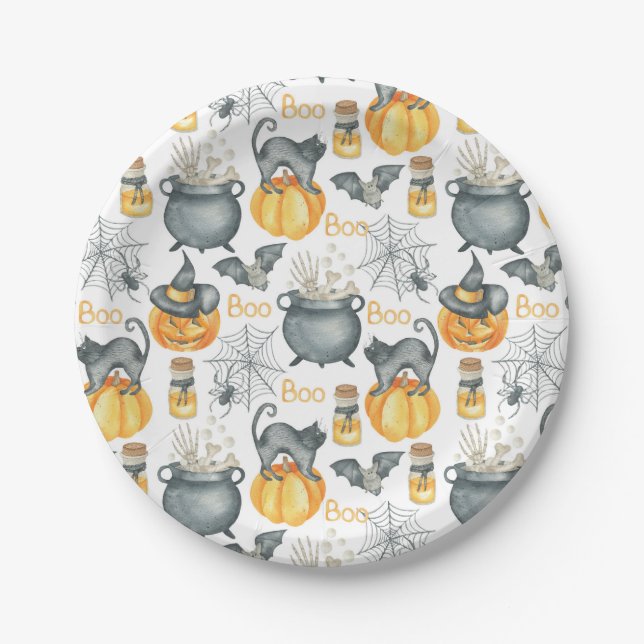 Whimsical Halloween Cauldron and Cats Pattern Paper Plates (Front)