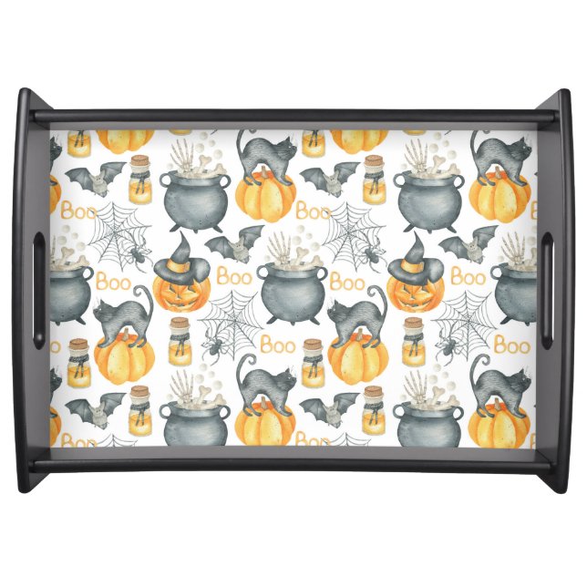 Whimsical Halloween Cauldron and Cats Pattern Serving Tray (Front)