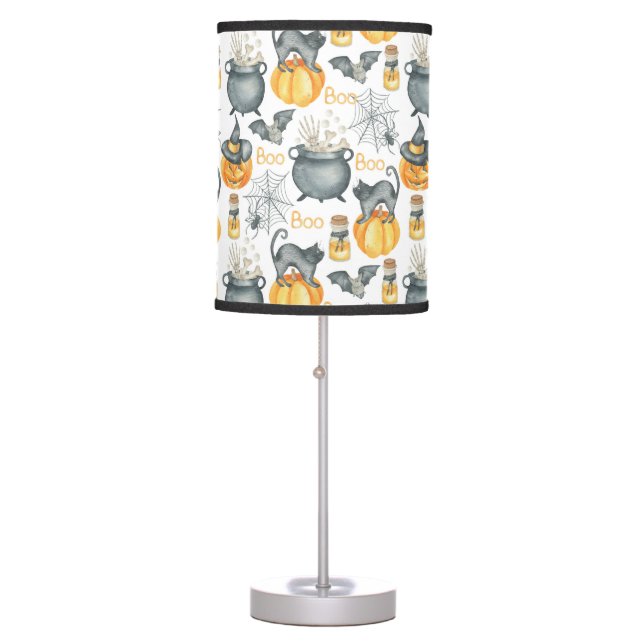 Whimsical Halloween Cauldron and Cats Pattern Table Lamp (Front)