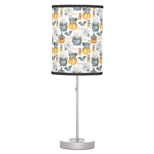 Whimsical Halloween Cauldron and Cats Pattern Table Lamp (Front)