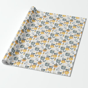 Whimsical Halloween Cauldron and Cats Pattern Wrapping Paper