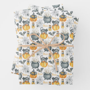 Whimsical Halloween Cauldron and Cats Pattern Wrapping Paper Sheets