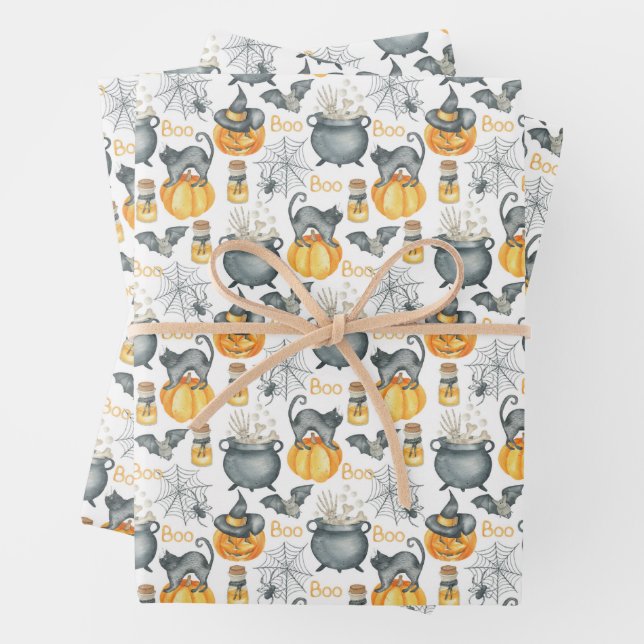 Whimsical Halloween Cauldron and Cats Pattern Wrapping Paper Sheets (In situ)