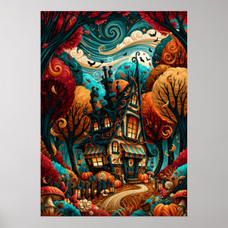 Whimsical Halloween Cottage Autumn Forest Poster