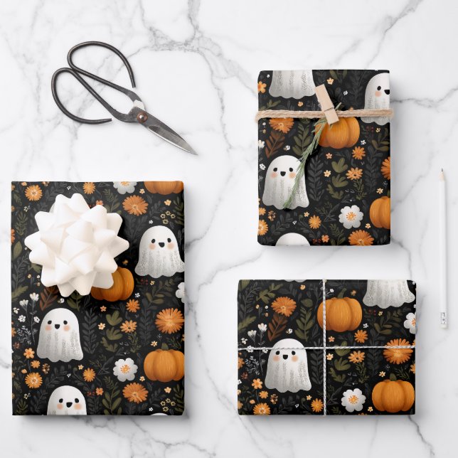 Whimsical Halloween Cute Ghosts & Pumpkins Design Wrapping Paper Sheets (Front)