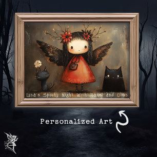 Whimsical Halloween Fairy & Cats Personalized Wall Poster