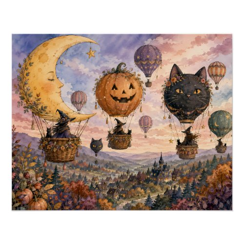 Whimsical Halloween Fantasy Hot Air Balloon Poster