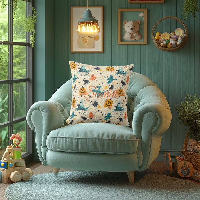 Whimsical Halloween Ghost and Pumpkin Pattern Throw Pillow (Creator Uploaded)