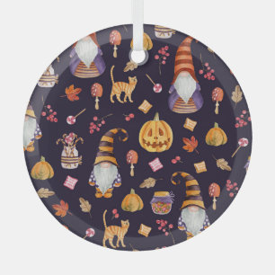Whimsical Halloween: Gnomes & Pumpkins Glass Ornament