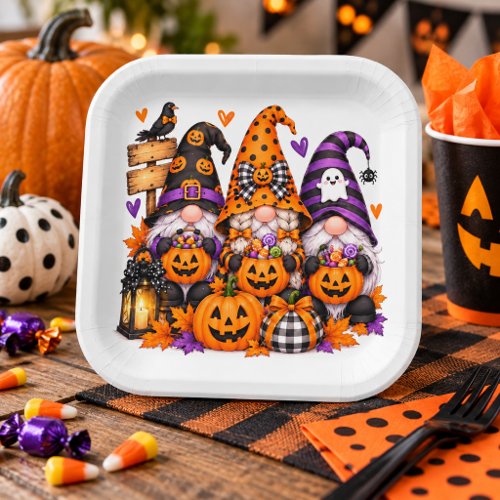 Whimsical Halloween Gnomes Spooky Jack-O-Lanterns Paper Plates