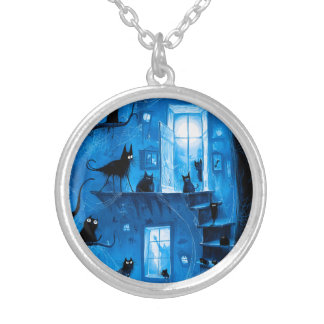 Whimsical Halloween Gothic Spooky Black Cats Silver Plated Necklace