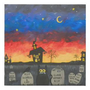 Whimsical Halloween Graveyard Scene with Full Moon Faux Canvas Print