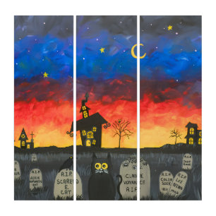 Whimsical Halloween Graveyard Scene with Full Moon Triptych
