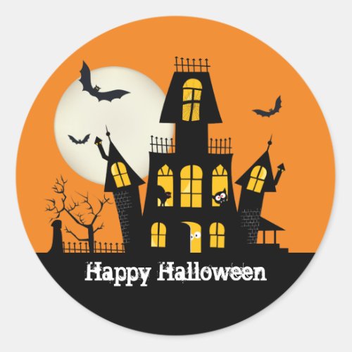 Whimsical Halloween Haunted House Illustration Classic Round Sticker