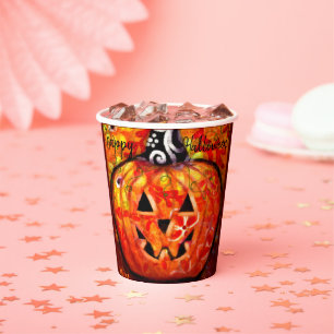 Whimsical Halloween Jack-O-Lantern Abstract Orange Paper Cups