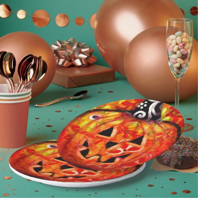 Whimsical Halloween Jack-O-Lantern Abstract Orange Paper Plates (Multi)