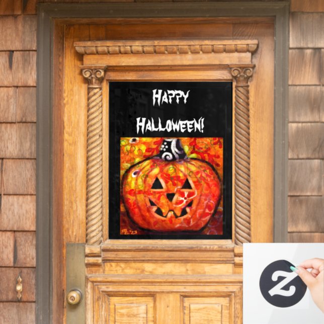 Whimsical Halloween Jack-O-Lantern Abstract Orange Window Cling (Home Door)