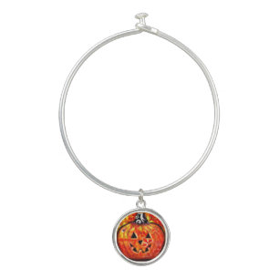 Whimsical Halloween Jack O Lantern Floral Orange Bangle Bracelet