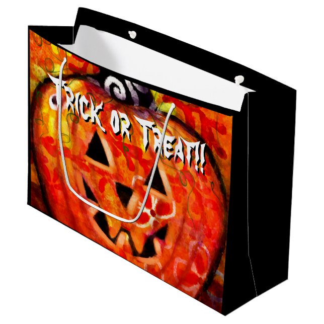 Whimsical Halloween Jack-O-Lantern Personalized Large Gift Bag (Front Angled)