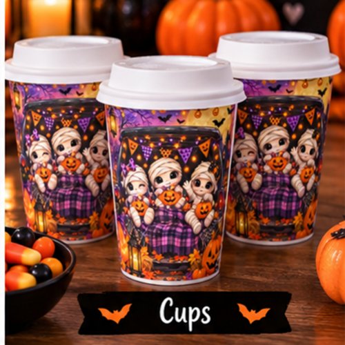 Whimsical Halloween Mummies Cute Pumpkins Vintage Paper Cups