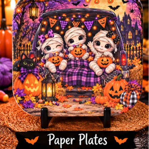 Whimsical Halloween Mummies Cute Pumpkins Vintage Paper Plates
