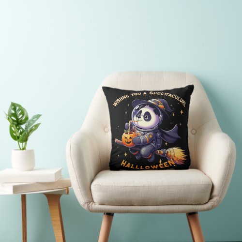 Whimsical Halloween Night Panda Astronaut Glides  Throw Pillow