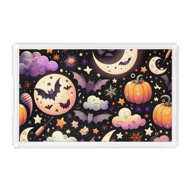 Whimsical Halloween Night Sky Pattern Acrylic Tray (Front)