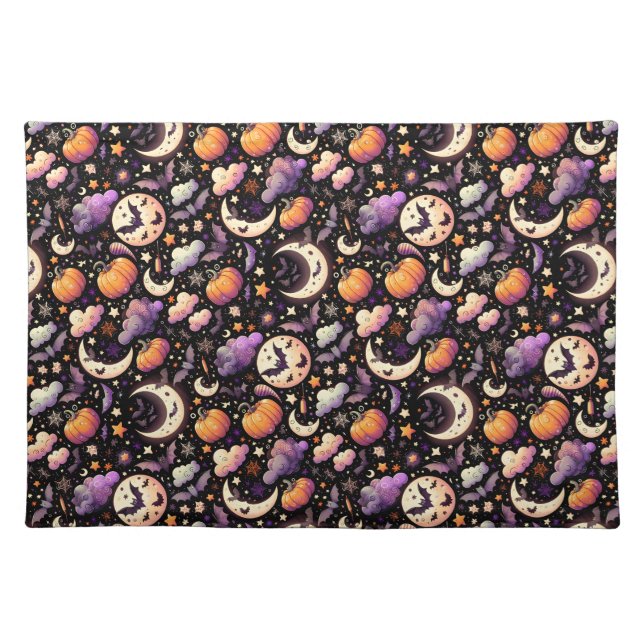 Whimsical Halloween Night Sky Pattern Cloth Placemat (Front)