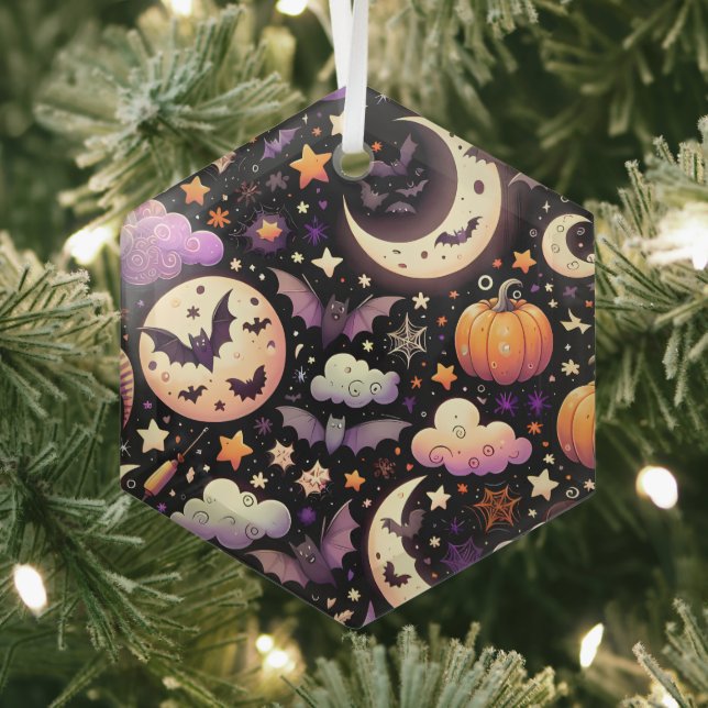 Whimsical Halloween Night Sky Pattern Glass Ornament (Insitu)