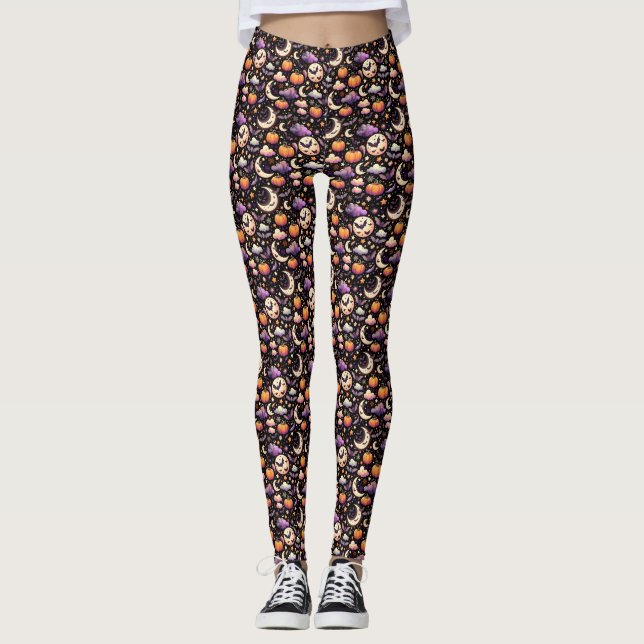 Whimsical Halloween Night Sky Pattern Leggings (Front)